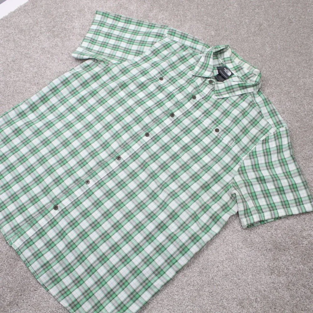 The North Face Shirt Mens XL Green/Gray Plaid Short Sleeve Cotton/Poly Button‎